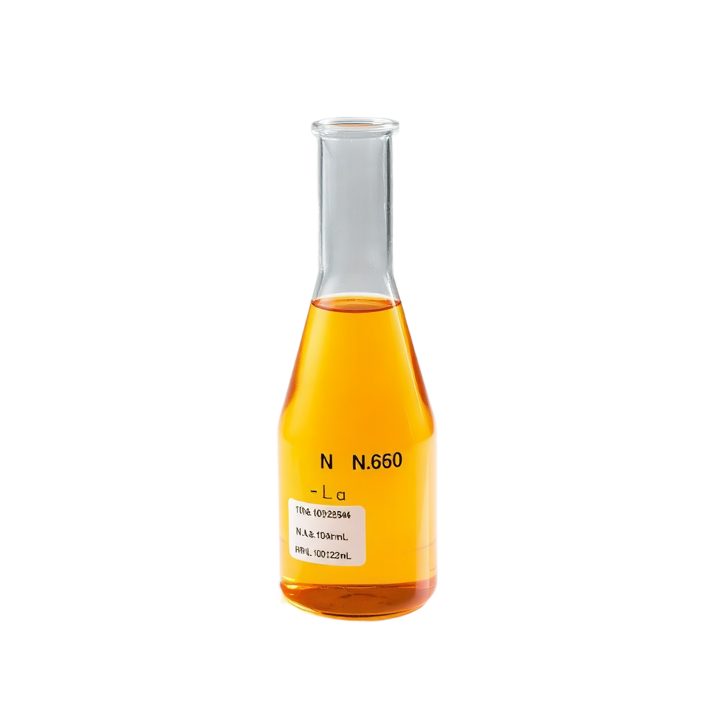 chemical laboratory flask with N-Methyl Aniline amber liquid, professional product photography, white background