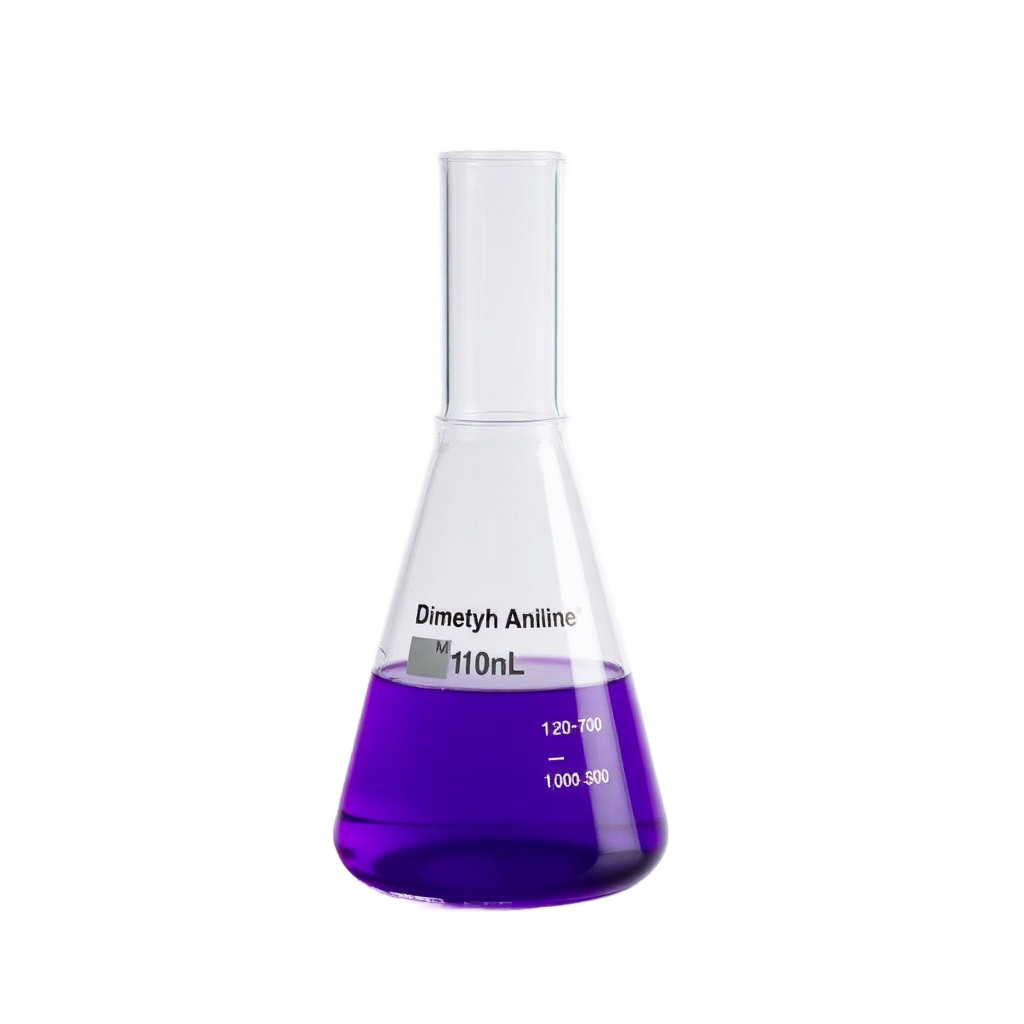 chemical laboratory beaker with Dimethyl Aniline clear liquid, professional product photography, white background