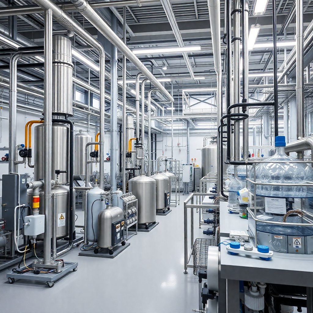 modern chemical plant facility with industrial equipment, pipes and reactors, professional industrial photography, high-tech R&D laboratory